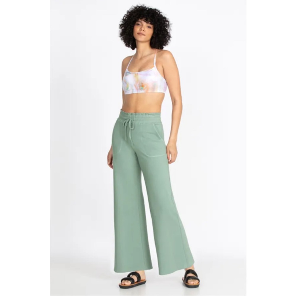 Calme Johnny Was Wide Leg Relaxed Terry Pants in Lily Pad Green Size XL